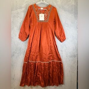 New Ex Voto Hazel Maxi Dress Chili Medium New Boho Long Sleeve Modest Beaded